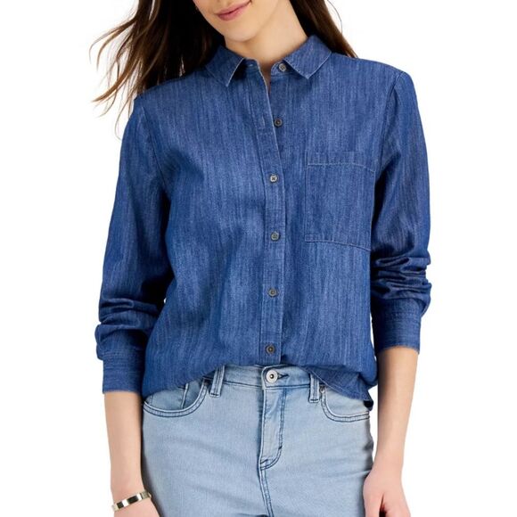 Style & Co. Chambray Boyfriend Shirt Women's Size M Blue Button-Down - Picture 2 of 16